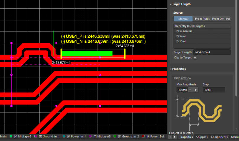 Altium Designer’s differential microstrip length tuning tool