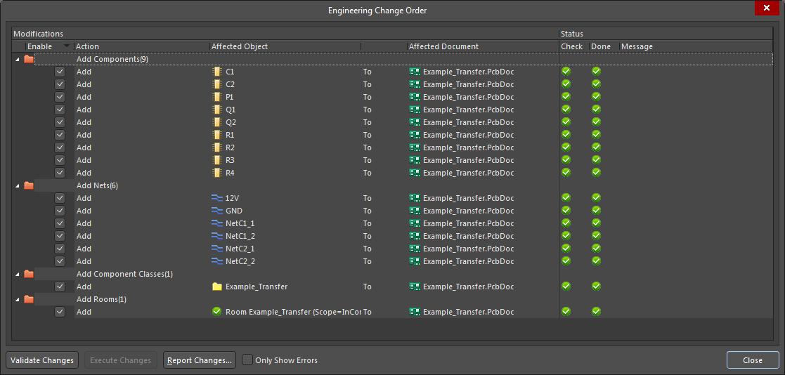  AD18 screenshot of ECO dialog completed in create PCB from schematic