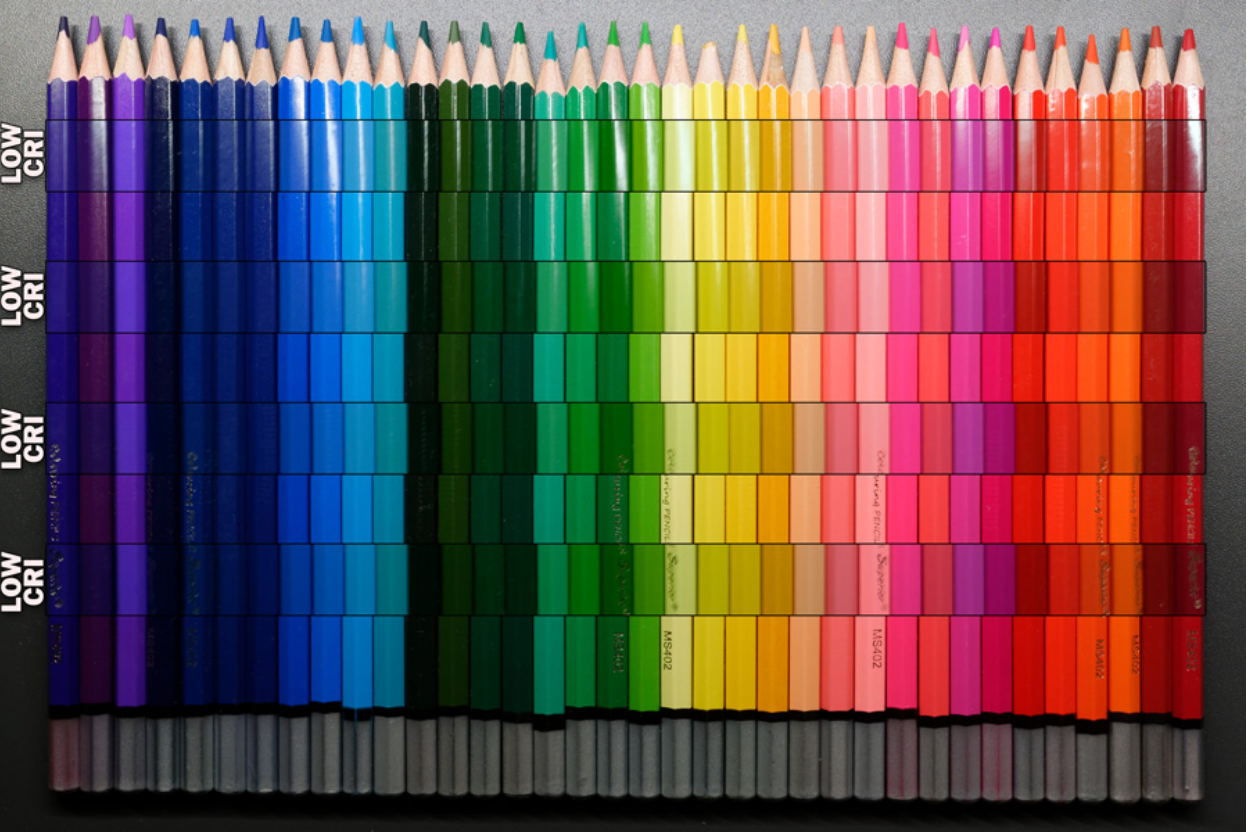 Testing lighting quality using coloured pencils.