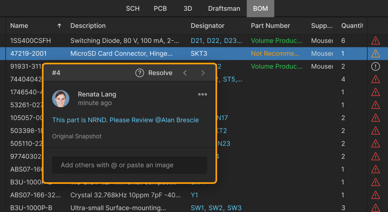 Commenting on a Bill of Materials (BOM) in Altium 365